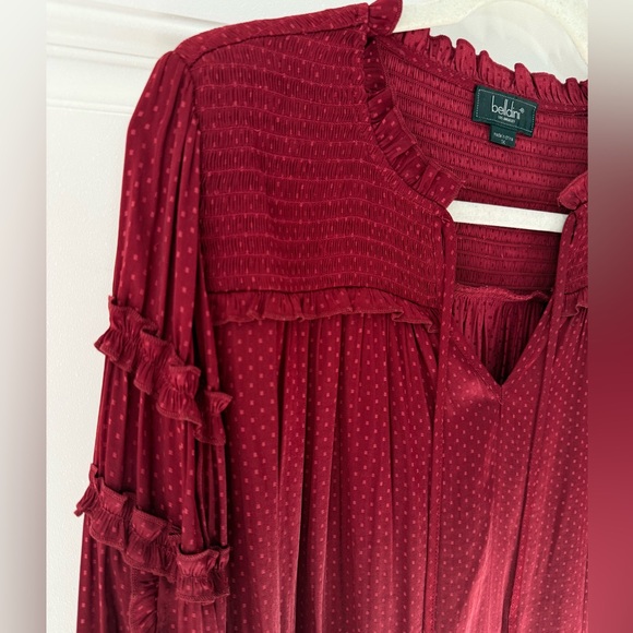 Like new. BELLDINI Black Label Plus Size Ruffle Tie-Neck Top - Cranberry color - Picture 2 of 9